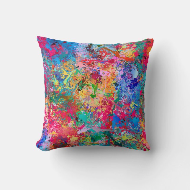 Coussin Bleu Rouge Jaune Vert Rose Turquoise Splash Abstra (Recto)