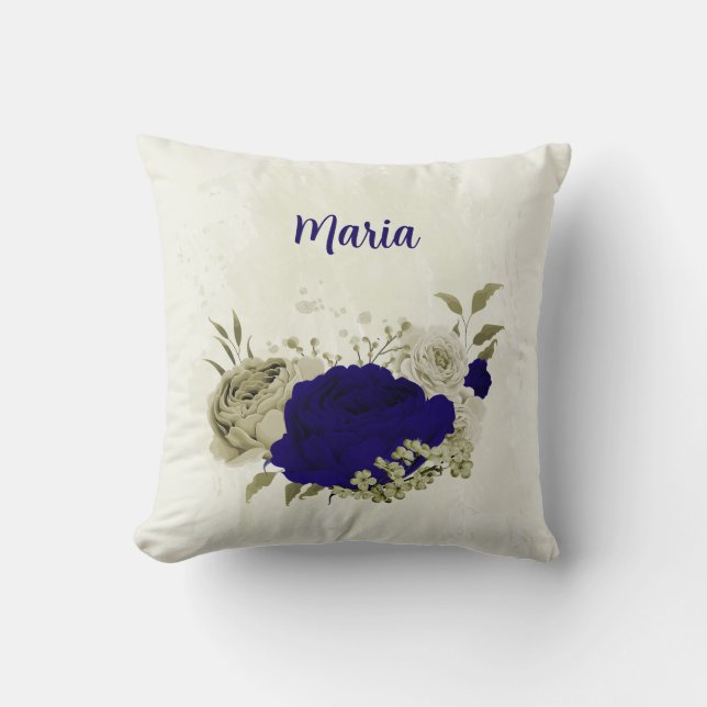 Coussin Bleu royal beige floral (Recto)