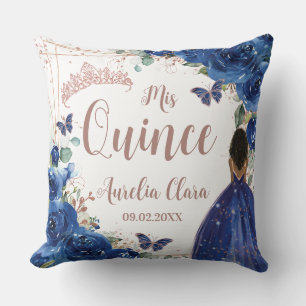 Coussin Bleu Royal Floral Rose Or Quinceanera XV