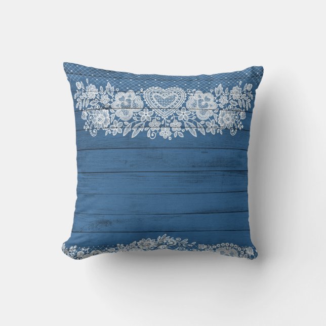 Coussin Bleu Rustique Bois & Blanc Dentelle Campagnard Élé (Recto)