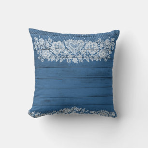 Coussin Bleu Rustique Bois & Blanc dentelle dentelle lacy 