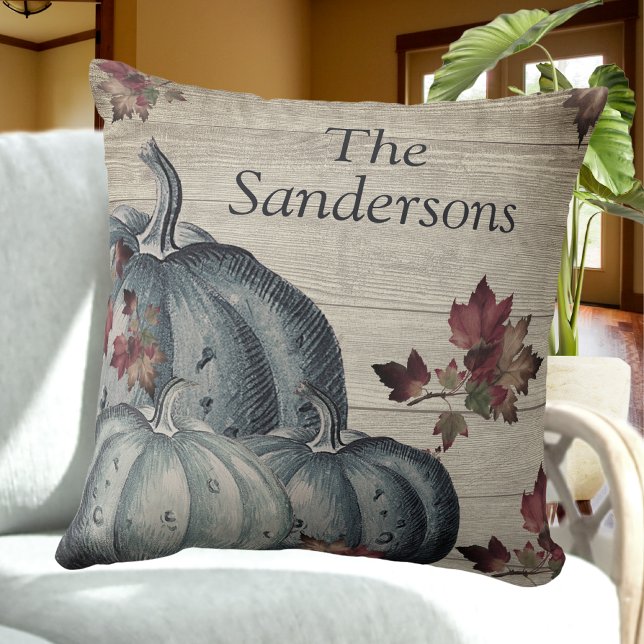 Coussin Bleu Rustique Citrouille Bleu Bleu Feuilles de boi (Créateur téléchargé)