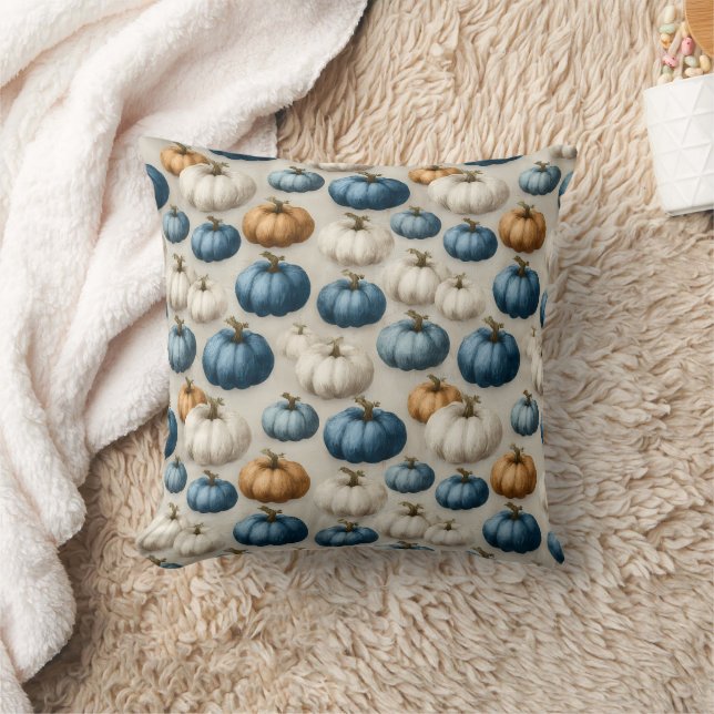 Coussin Bleu rustique et Citrouilles neutres (Couverture)