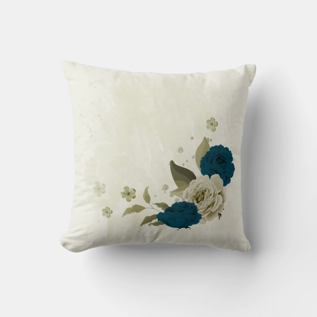 Coussin bleu sarcelle beige floral (Recto)