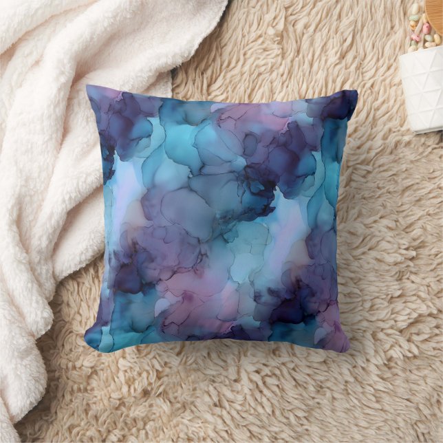 Coussin Bleu sarcelle et marbre fluide aquarelle violet (Couverture)