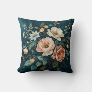 Coussin Bleu sarcelle foncé orange floral vintage Cottagec