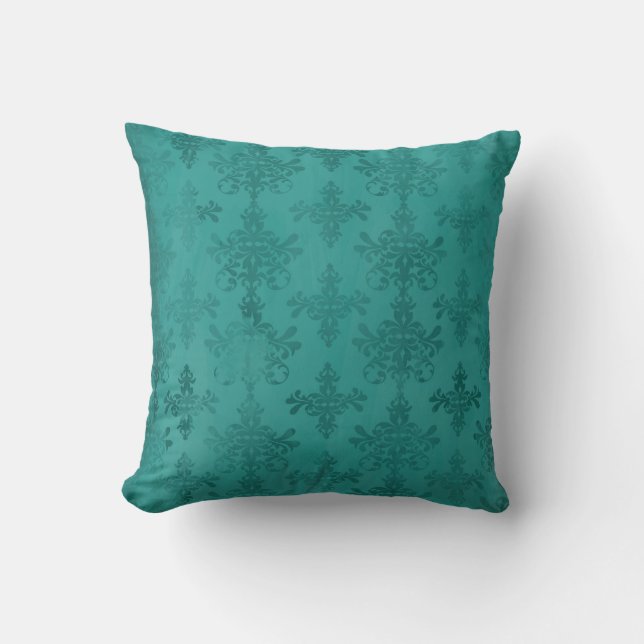 Coussin bleu sarcelle foncé vert damassé délavé (Recto)