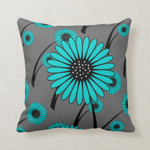 Coussin Bleu sarcelle Gris Noir Floral Fleurs