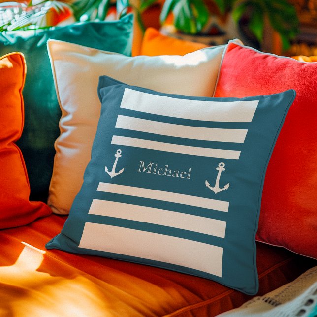 Coussin Bleu sarcelle marine bandes blanches ancre nom (Créateur téléchargé)