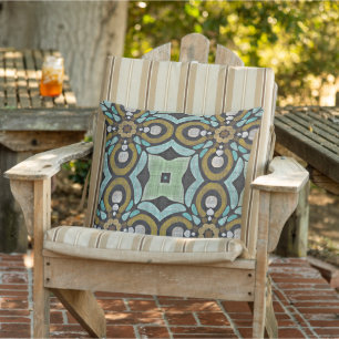Coussin Bleu sarcelle Turquoise Ocre Moutarde Art tribal