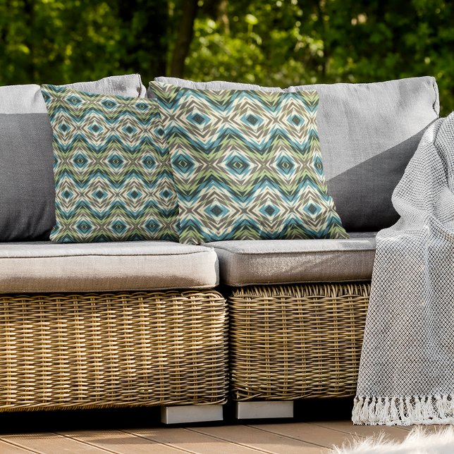 Coussin Bleu sarcelle Vert citron Taupe Marron Ivoire Art  (Créateur téléchargé)
