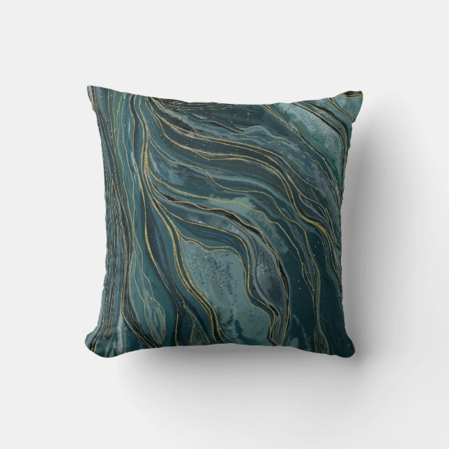 Coussin Bleu sarcelle vert or abstrait vagues aquarelles (Recto)