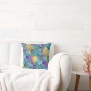 Coussin Bleu sarcelle, violet et jaune doux Marbre à l'aqu