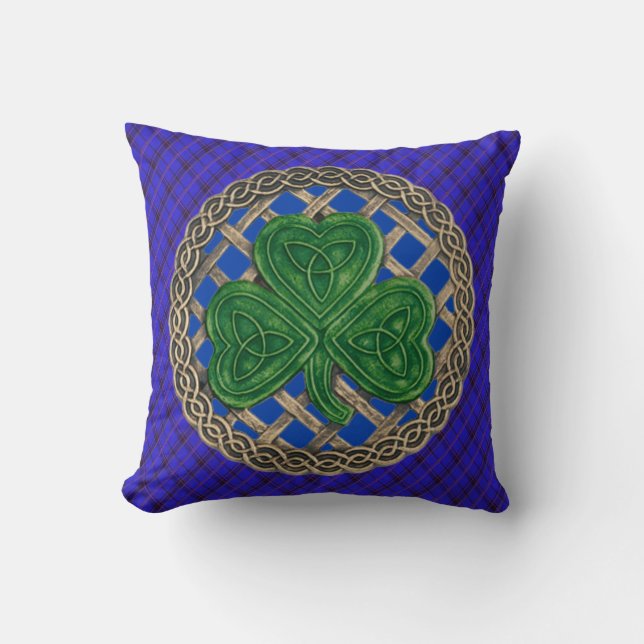 Coussin Bleu Shamrock Celtique Noeuds Sur Plaid Bleu (Recto)