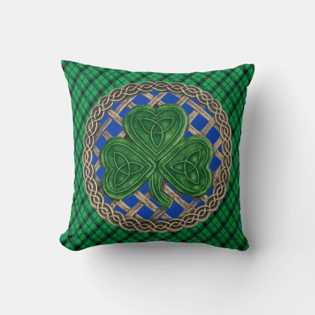 Coussin Bleu Shamrock Celtique Noeuds Sur Plaid Vert (Recto)