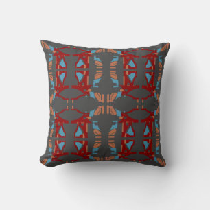 Coussin Bleu Tan Rouge foncé sur Charbon Gros carreaux de 