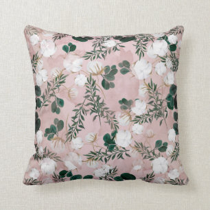 Coussin Bleu Taupe Coton Floral Verdure Rustique Shabby
