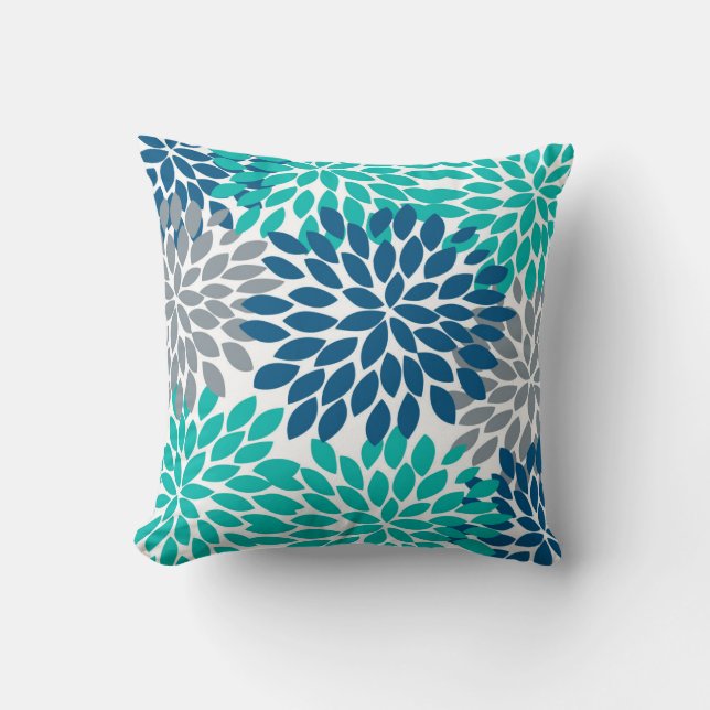 Coussin Bleu, Teal, dahlia gris Pinnata (Recto)