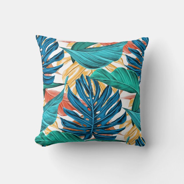 Coussin Bleu tropical feuilles jaunes  (Recto)