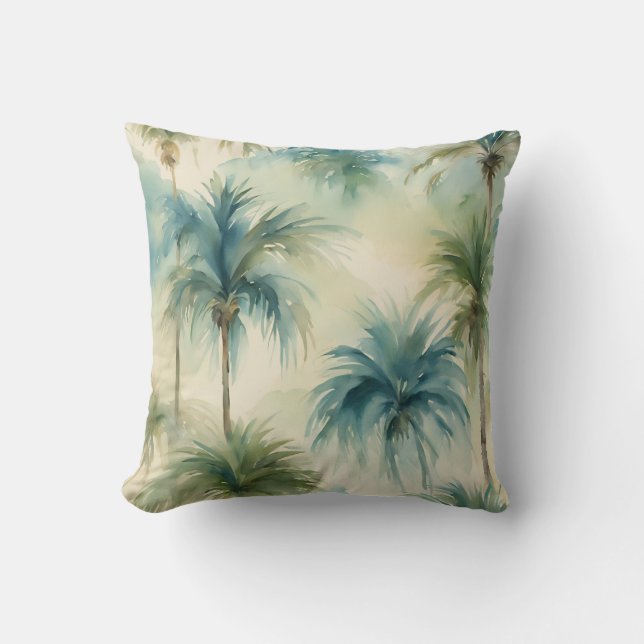 Coussin Bleu Turquoise Beige Aquarelle Palms Hawaiian Beac (Recto)