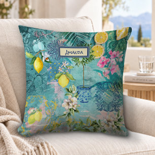 Coussin Bleu Turquoise Chic Floral Citrus Sicilien