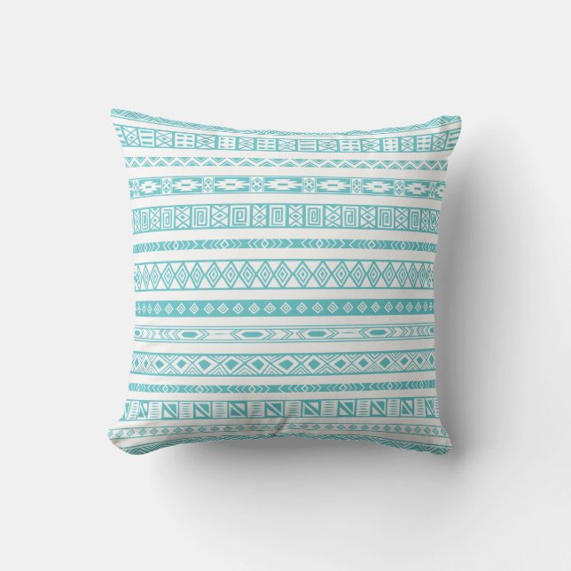 Coussin Bleu turquoise de motif géométrique ethnique (Recto)