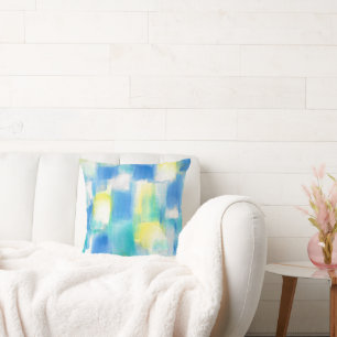 Coussin Bleu Turquoise Jaune Blanc Moderne Abstrait