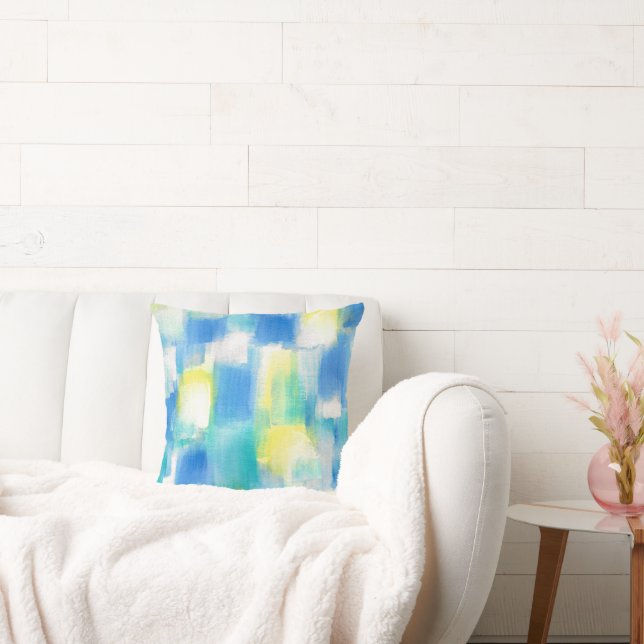 Coussin Bleu Turquoise Jaune Blanc Moderne Abstrait (Canapé)