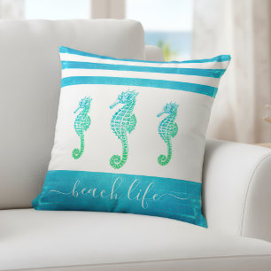 Coussin bleu turquoise ombre 3 hippocampes plage script de