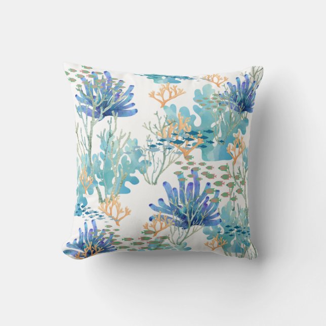 Coussin Bleu Turquoise Orange Corail Reef Poisson Côté Océ (Recto)
