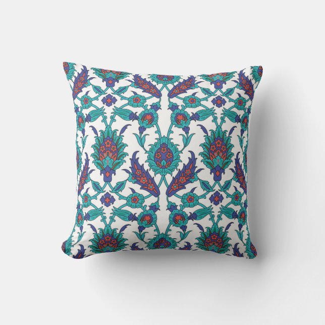 Coussin Bleu Turquoise Rouge Blanc Oriental Floral (Recto)