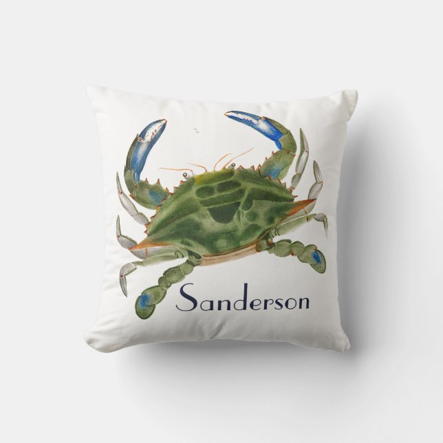 Coussin Bleu Vert Crabe Côtière Nautique (Recto)