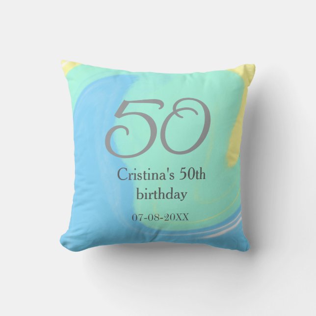 Coussin bleu vert gris 50e anniversaire ajouter nom date r (Recto)