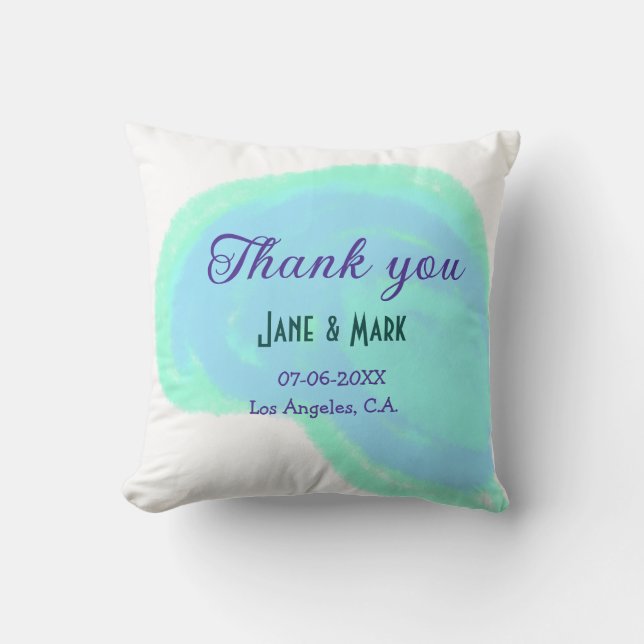 Coussin Bleu vert pastel merci ajouter nom de couple date (Recto)