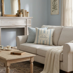 Coussin Bleu vintage et rayures crème, style campagne fran