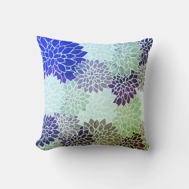 Coussin Bleu violet vert Dahlia Fleurs motif floral (Recto)