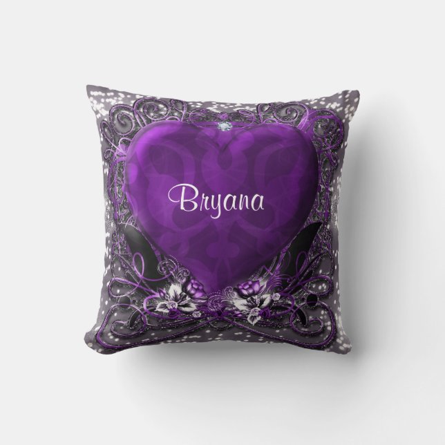 Coussin Bling de flamme de coeur mauve et argent (Recto)