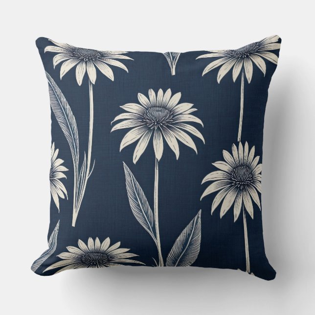 Coussin Bloc d'impression bleu et blanc Coneflower (Recto)