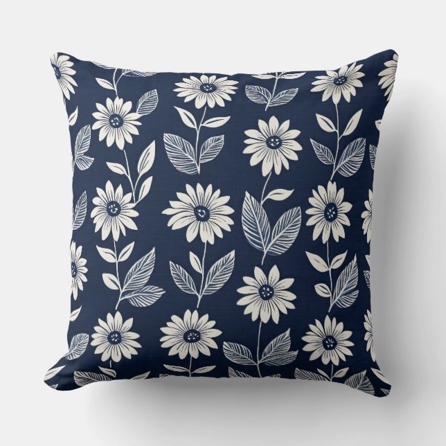 Coussin Bloc imprimé boho floral bleu et blanc (Recto)