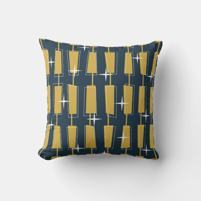 Coussin Blocs Atomiques Mid Century Modern Navy, Moutarde (Recto)