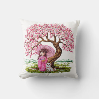Coussin Blossom Dreams : Kimono Girl & Puppy