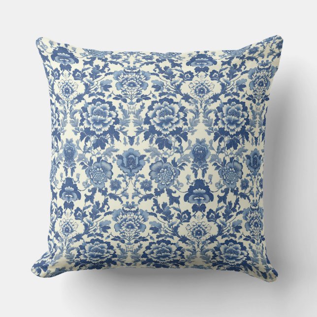Coussin Blue and White Chinoiserie Peony Floral Pattern (Recto)
