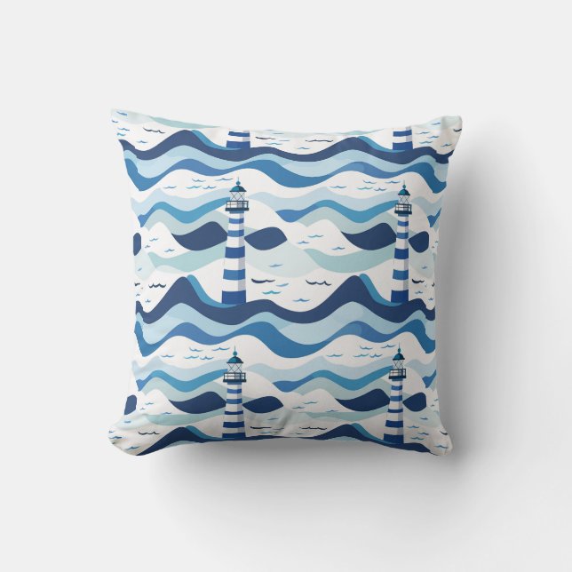 Coussin Blue and White Lighthouse Nautical  (Recto)