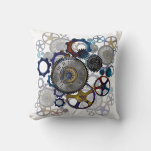 Coussin Blue aqua steampunk engrenages, cogs, horloge face