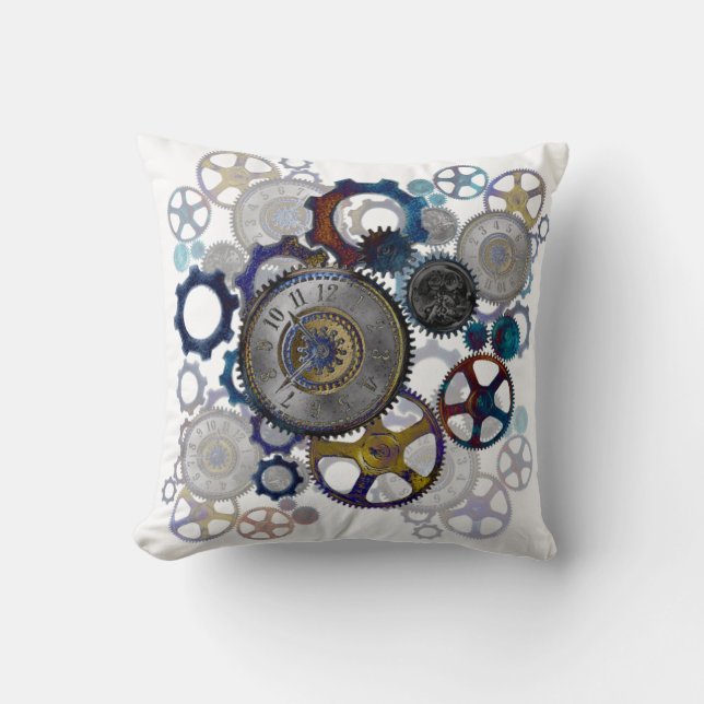 Coussin Blue aqua steampunk engrenages, cogs, horloge face (Recto)