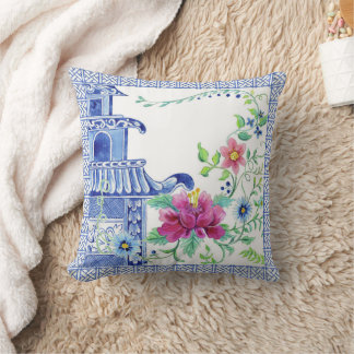 Coussin Blue Asian Influence Chinoiserie Floral Pagode