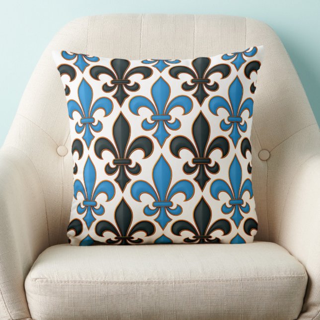 Coussin Blue Black Baroque Fleur-de-lis Pattern Design  (Créateur téléchargé)