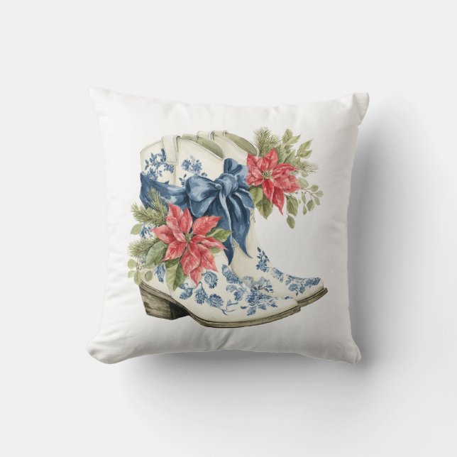 Coussin Blue Chinoiserie Christmas Cowgirl Boots Pillow (Recto)