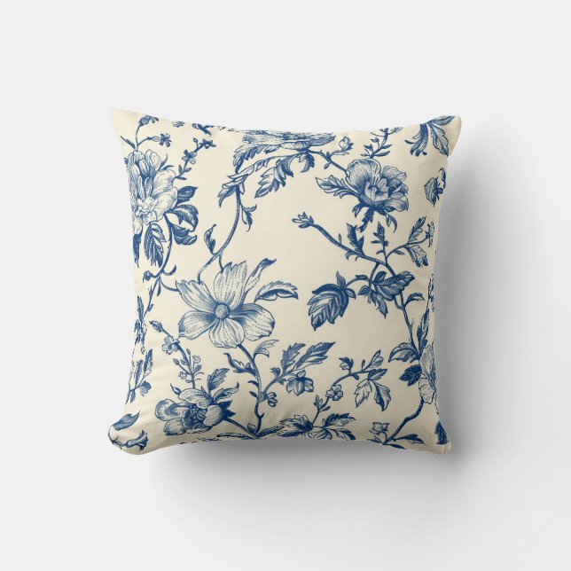 Coussin Blue Chinoiserie Floral Vintage Botanique (Recto)