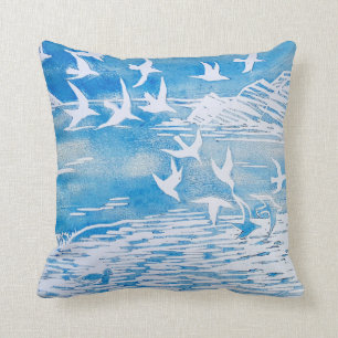 Coussin Blue Coast Birds Moderne Aquarelle Art